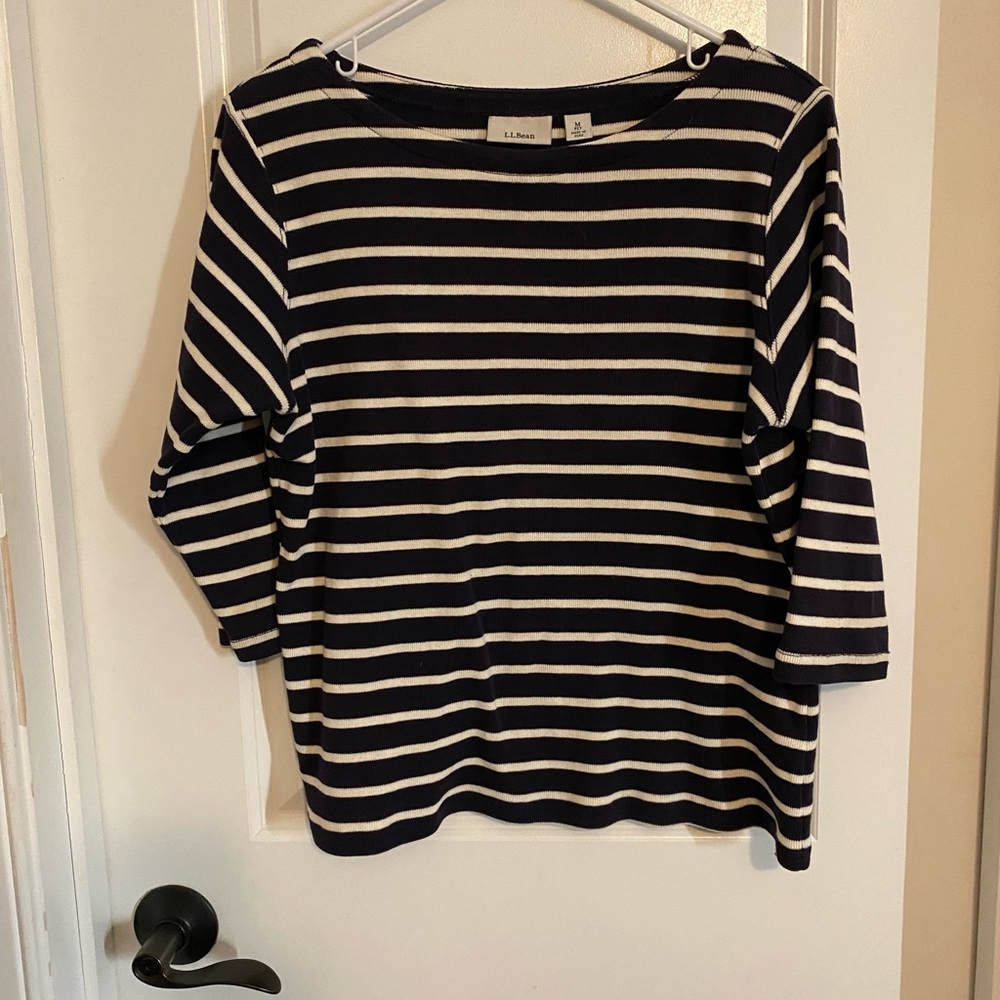 L.L. Bean Navy and White Striped Boat Neck Shirt